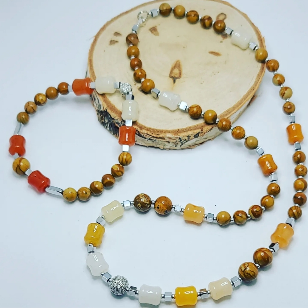 Yellow Jade, Picture Jasper, Zirconia charm necklace and bracelet set